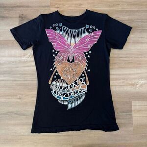 Affliction Sinful Butterfly Graphic Womens Black Shirt Size XL Y2K Edgy Gothic